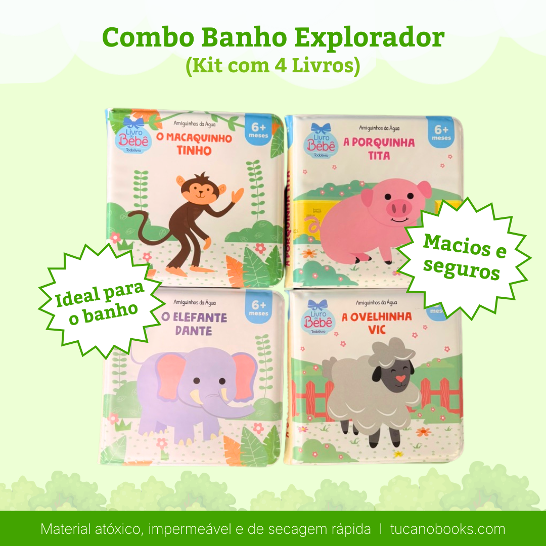 Combo Banho Explorador: Animais da Fazenda e Safári (4 Livros)