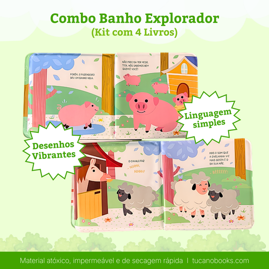 Combo Banho Explorador: Animais da Fazenda e Safári (4 Livros)