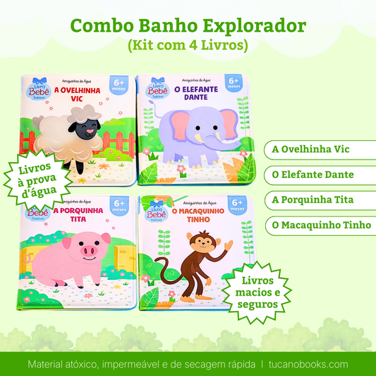 Combo Banho Explorador: Animais da Fazenda e Safári (4 Livros)